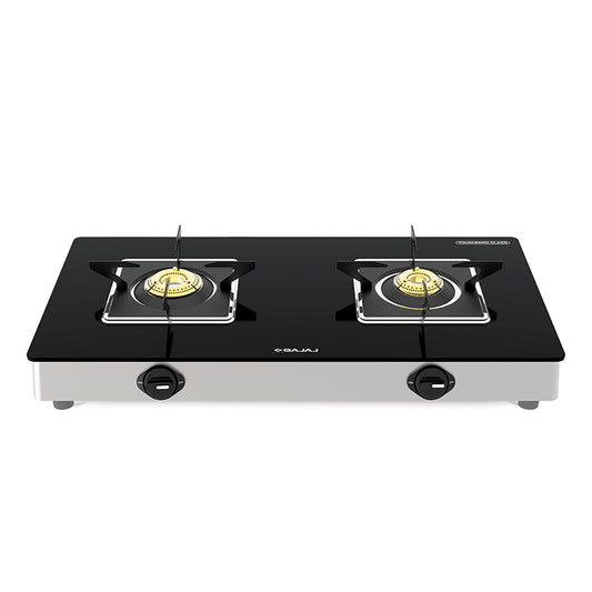 BAJAJ STAINLESS STEEL GLASS TOP WITH 2 BRASS BURNER AND SQUARE PAN SUPPORT