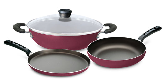 Sakhi 3-Piece Induction Gift Set Kadai with Glass Lid - 24 cm, Fry Pan - 24 cm, Flat Griddle 25 cm