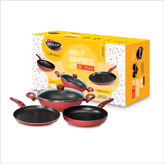 Nirlep Sakhi Non Stick Happiness Set, Induction Compatible Flat Tawa, Fry Pan & Kadhai with Glass Lid