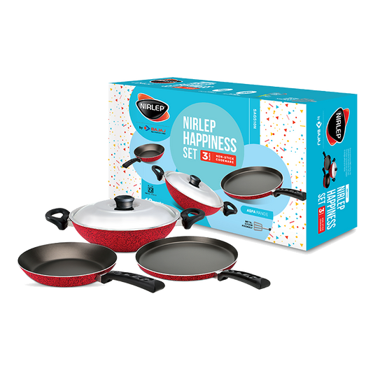 Nirlep Aspa Non-Stick Happiness Set, Flat Tawa, Fry Pan & Kadhai with SS Lid