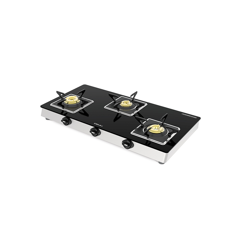 BAJAJ STAINLESS STEEL GLASS TOP WITH 3 BRASS BURNER AND SQUARE PAN SUPPORT