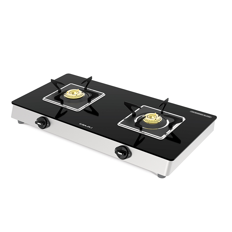 BAJAJ STAINLESS STEEL GLASS TOP WITH 2 BRASS BURNER AND SQUARE PAN SUPPORT
